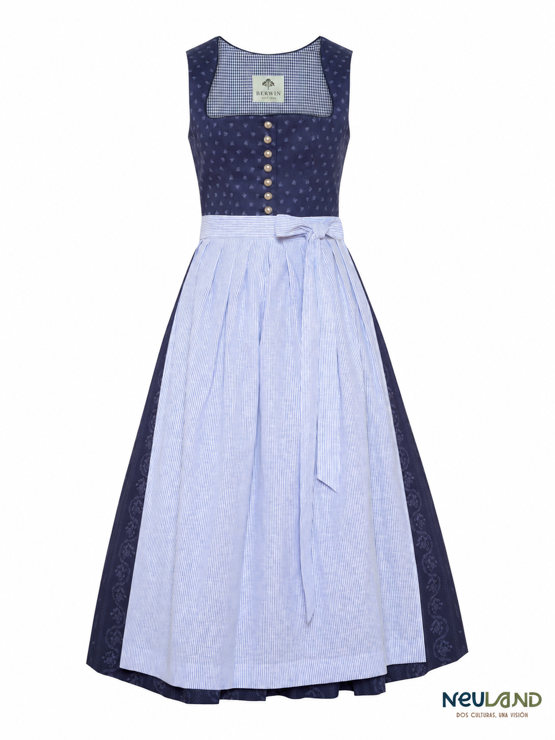 Dirndl clásico de algodón con delantal a rayas
