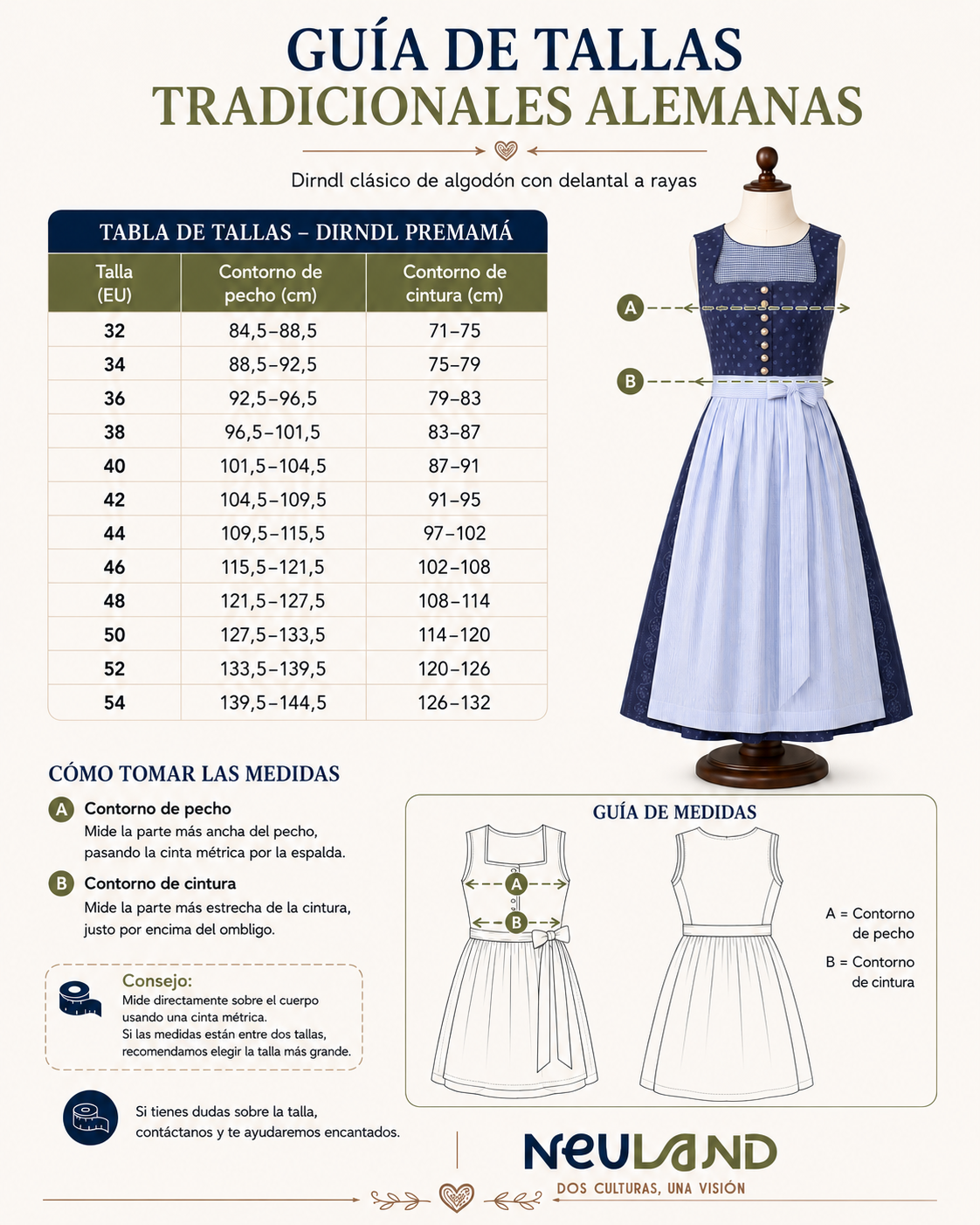 Dirndl clásico de algodón con delantal a rayas - Imagen 3